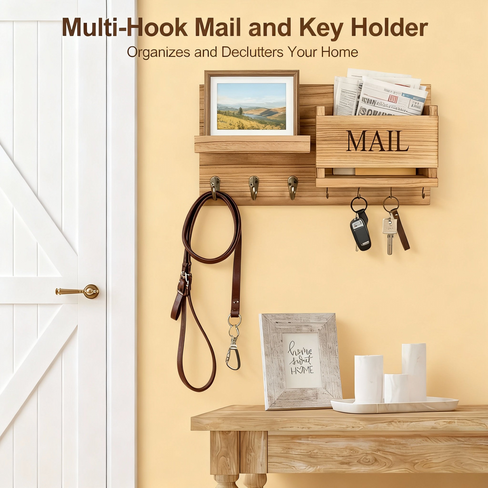 Rustic Wood Wall Organizer with Mail Rack, Key Hooks & Coat Rack