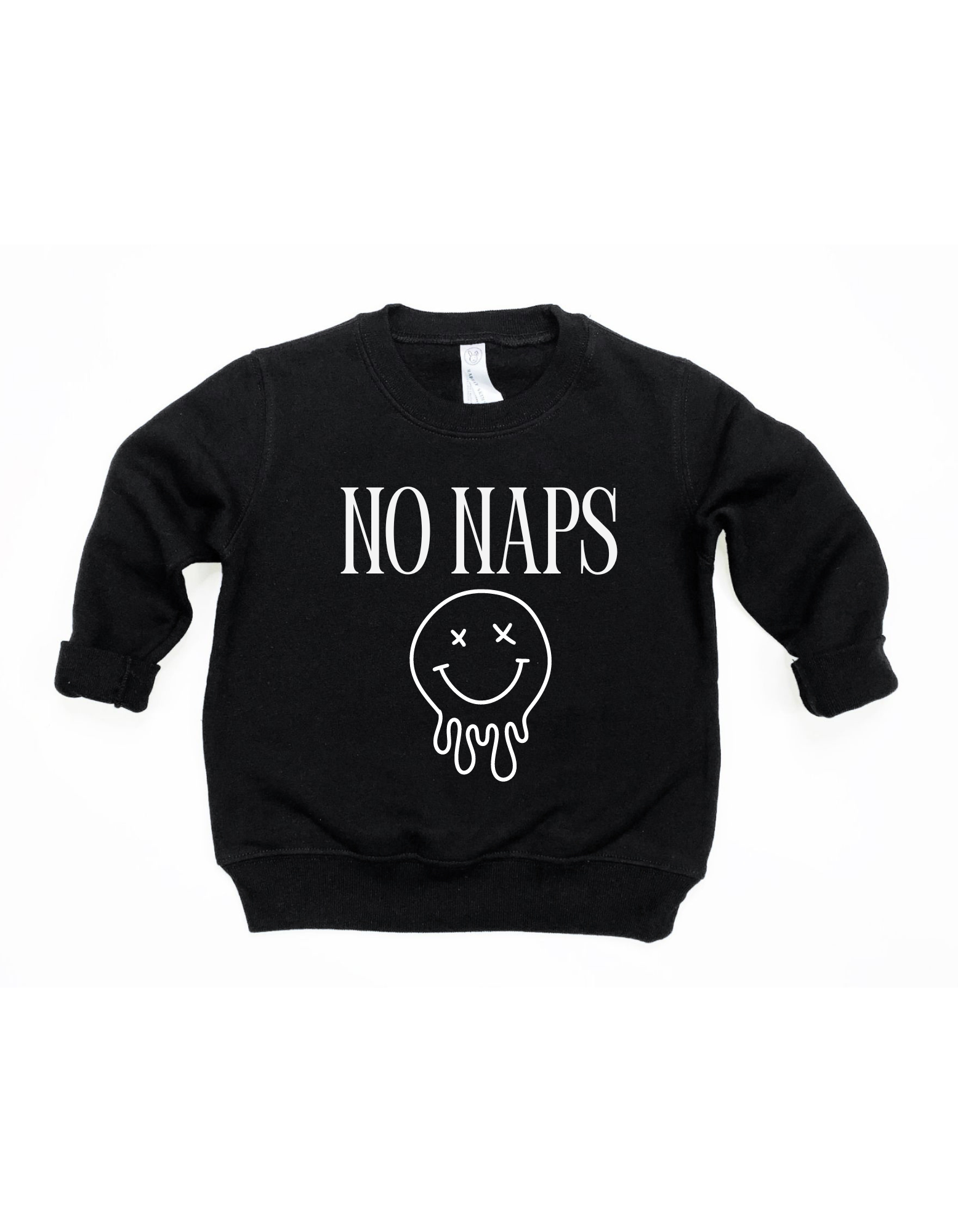 Child wearing a minimalist black crew neck pullover sweatshirt