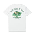 White crew neck t-shirt with Takin It Slow coastal graphic