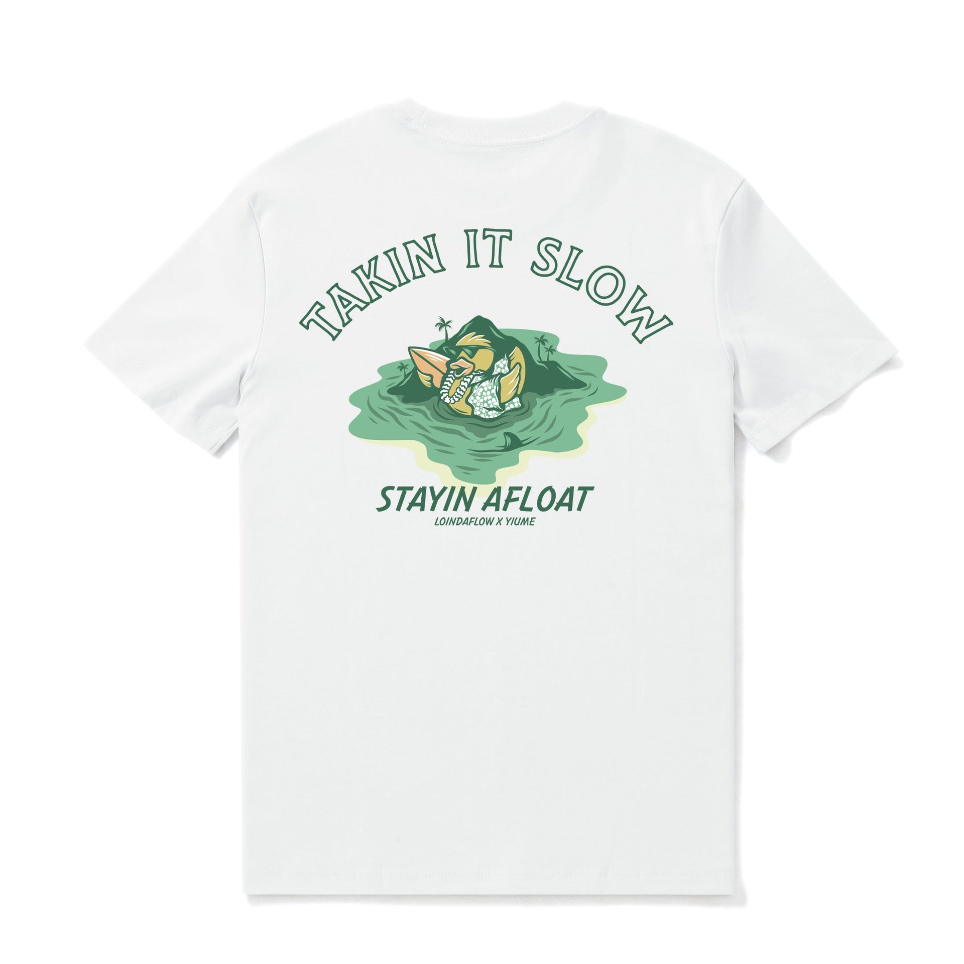White crew neck t-shirt with Takin It Slow coastal graphic