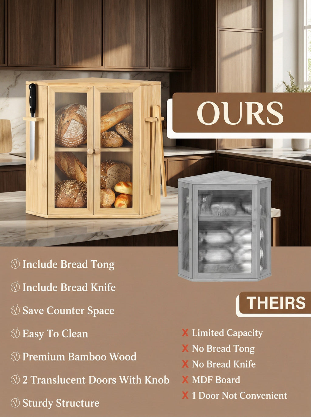 2-Tier Bamboo Bread Box with Clear Doors Kitchen Organizer