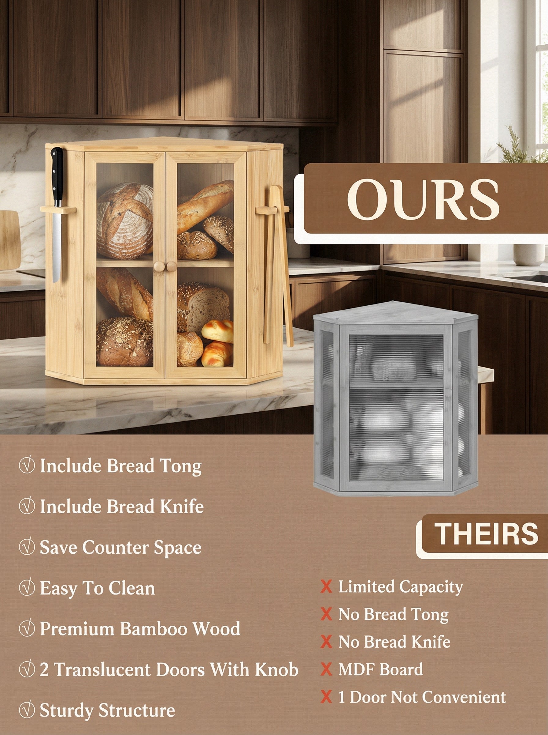 2-Tier Bamboo Bread Box with Clear Doors Kitchen Organizer