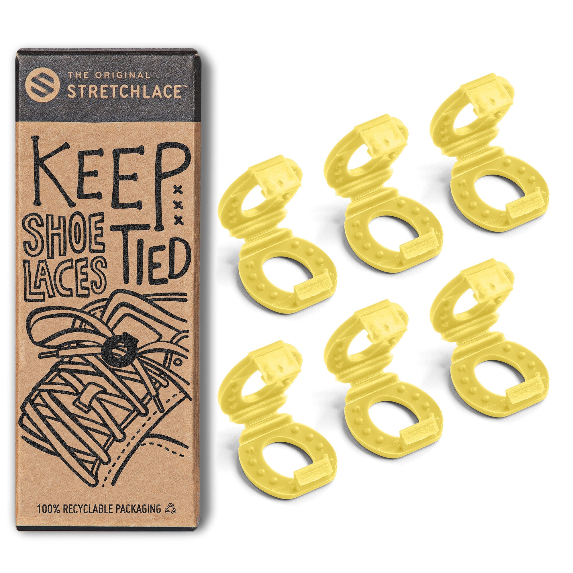 Set of bright yellow knot bow clips for securing shoelaces, shown next to packaging.