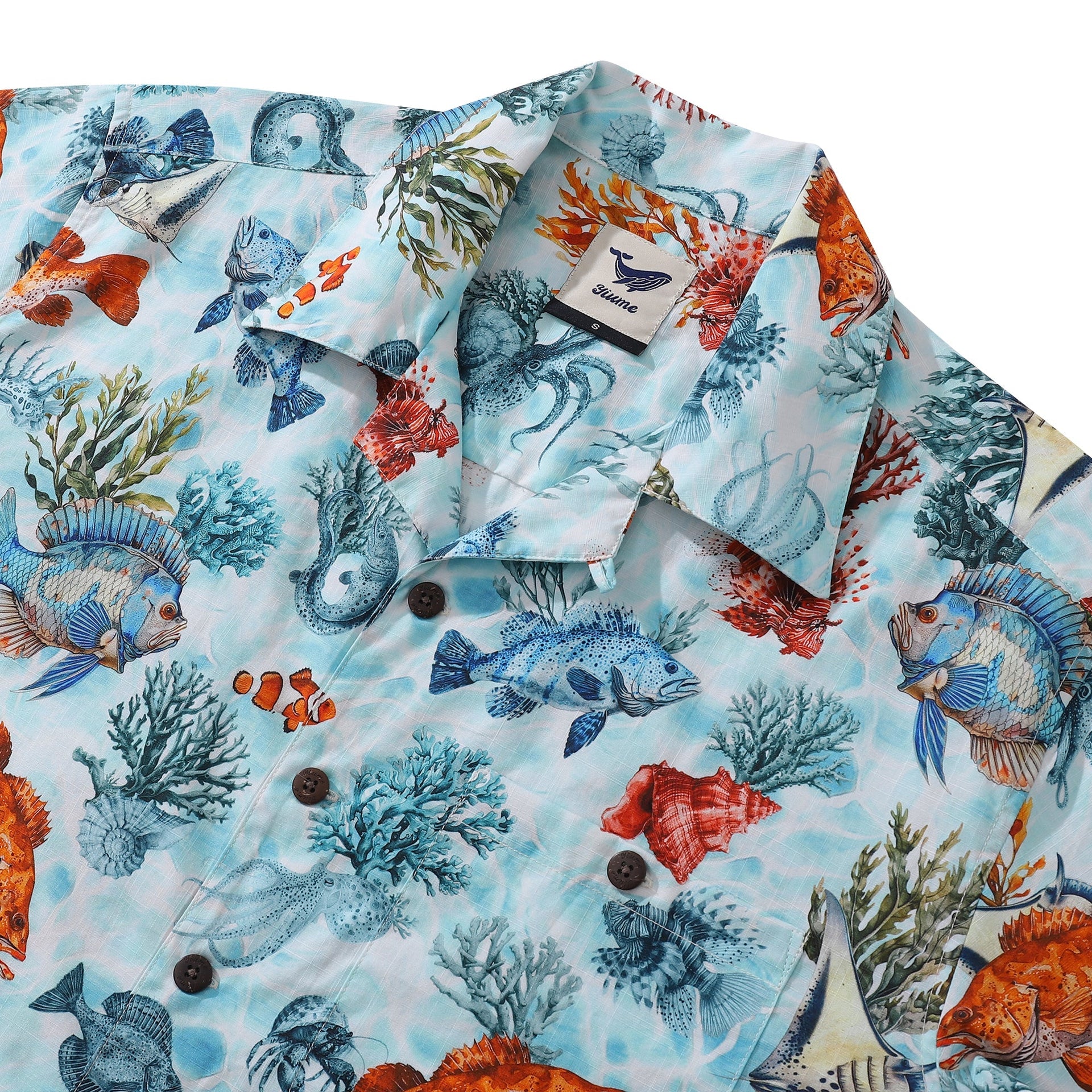 Men's Fish Print Hawaiian Shirt, Coastal Camp Collar Cotton