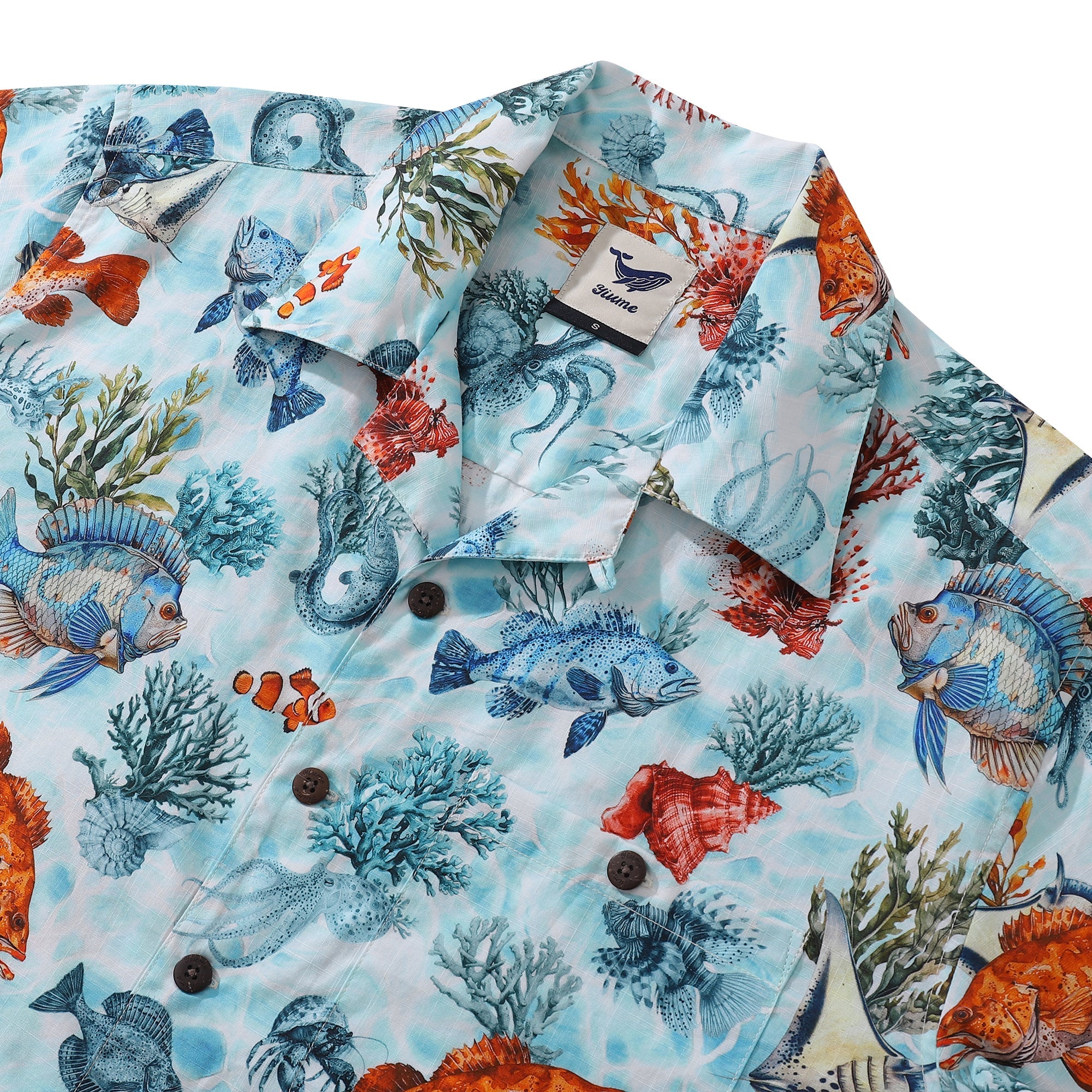Men's Fish Print Hawaiian Shirt, Coastal Camp Collar Cotton