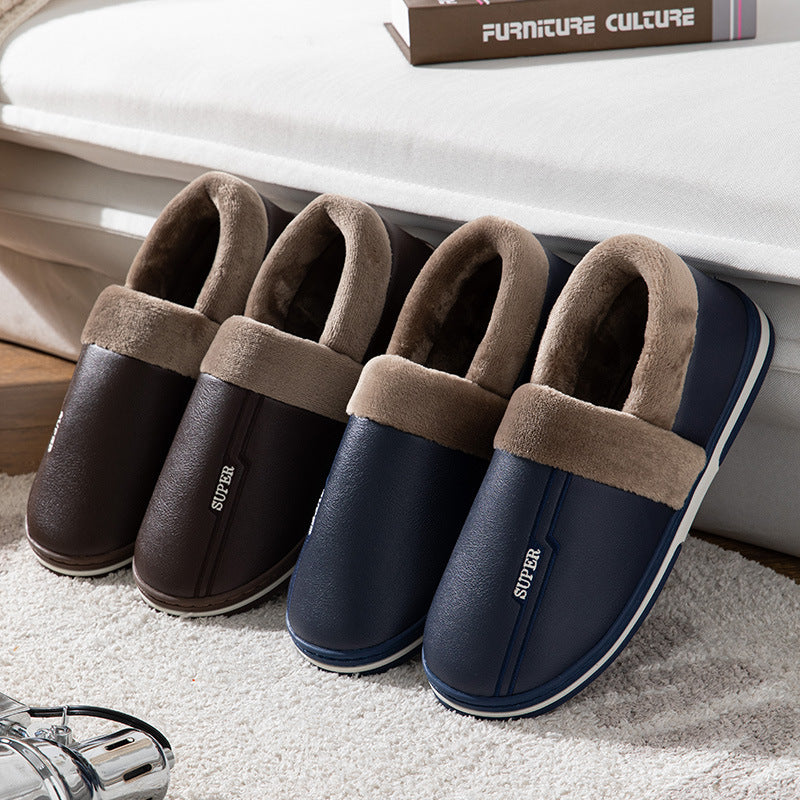 Waterproof Faux Leather Memory Foam Slippers with Plush Warm Lining
