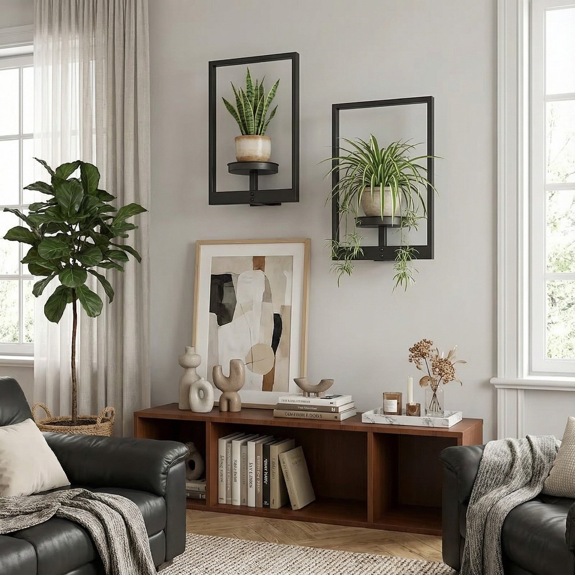 Set of two matte black industrial metal window-style wall shelves holding small decorative pots.