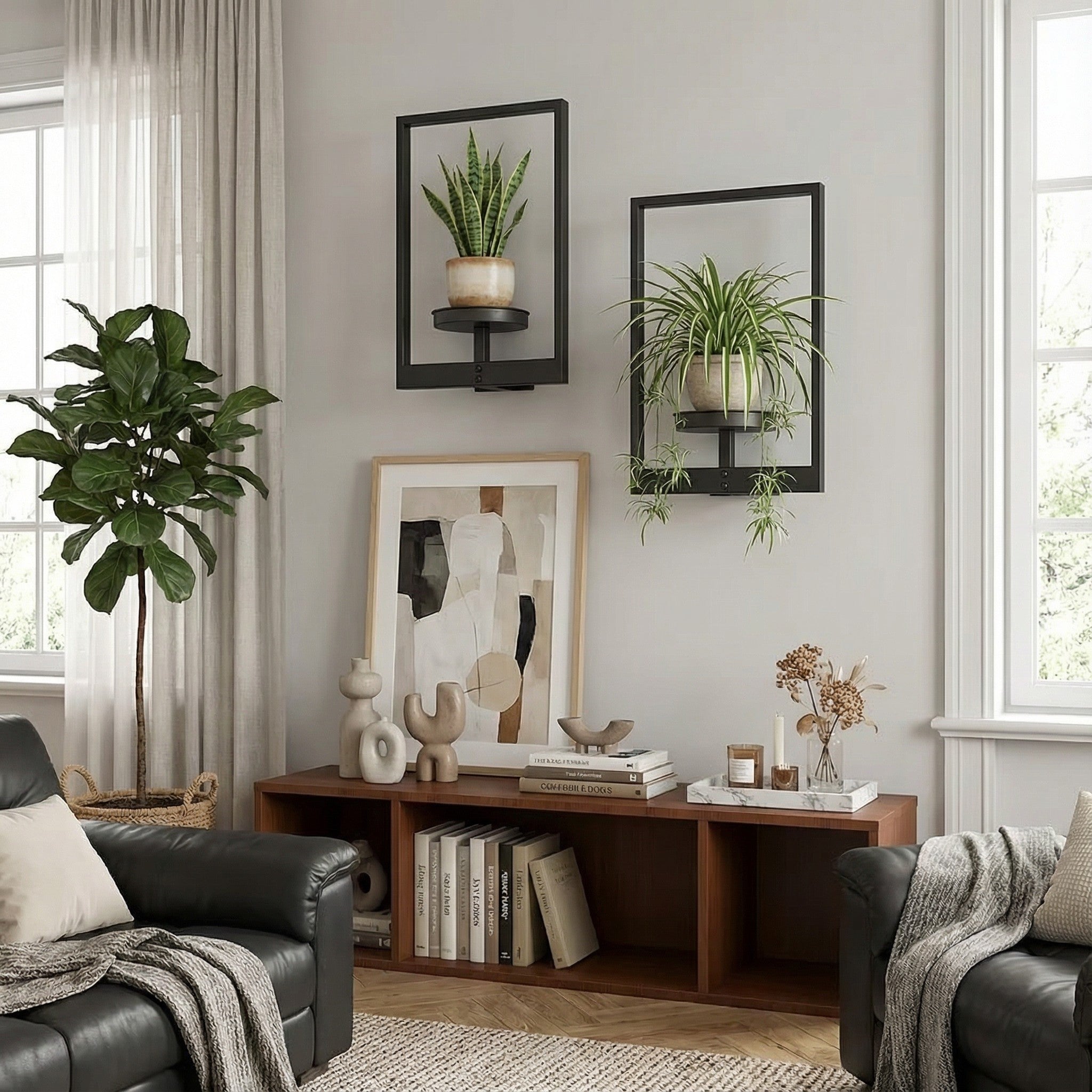 Set of two matte black industrial metal window-style wall shelves holding small decorative pots.