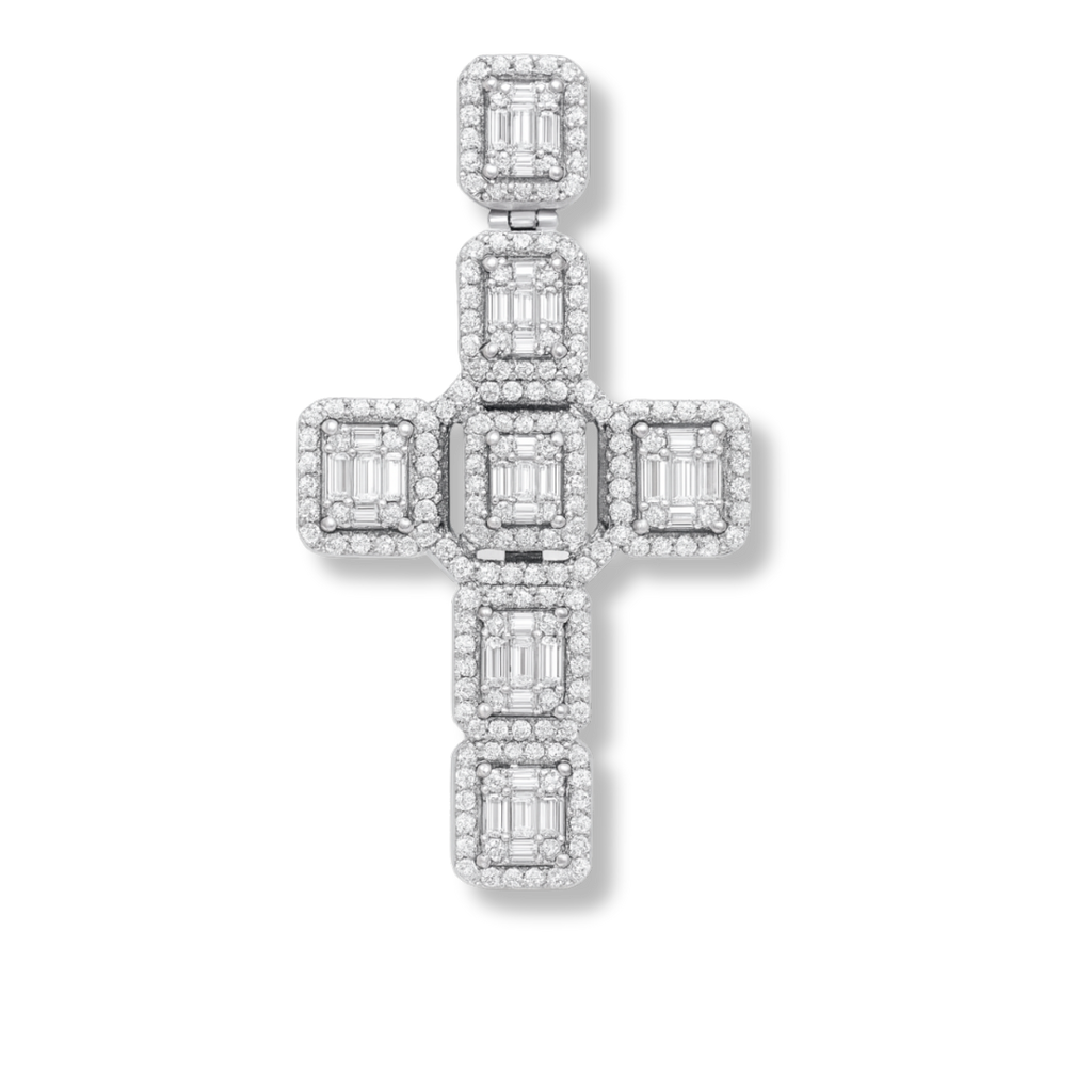 Men's 2" Large Baguette Cross Pendant CZ Solid Real 925 Sterling Silver