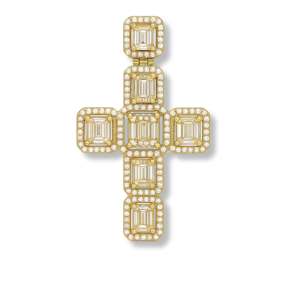 Men's 2" Large Baguette Cross Pendant CZ Solid Real 925 Sterling Silver