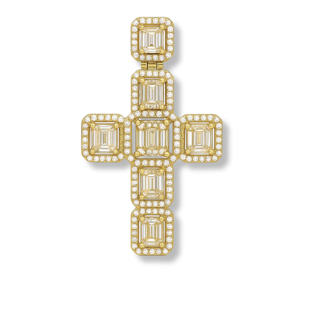 Men's 2" Large Baguette Cross Pendant CZ Solid Real 925 Sterling Silver