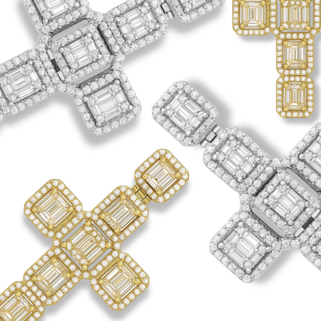 Men's 2" Large Baguette Cross Pendant CZ Solid Real 925 Sterling Silver