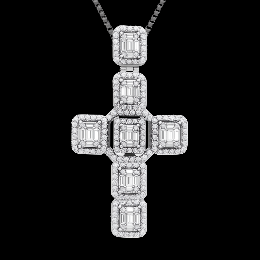 Men's 2" Large Baguette Cross Pendant CZ Solid Real 925 Sterling Silver