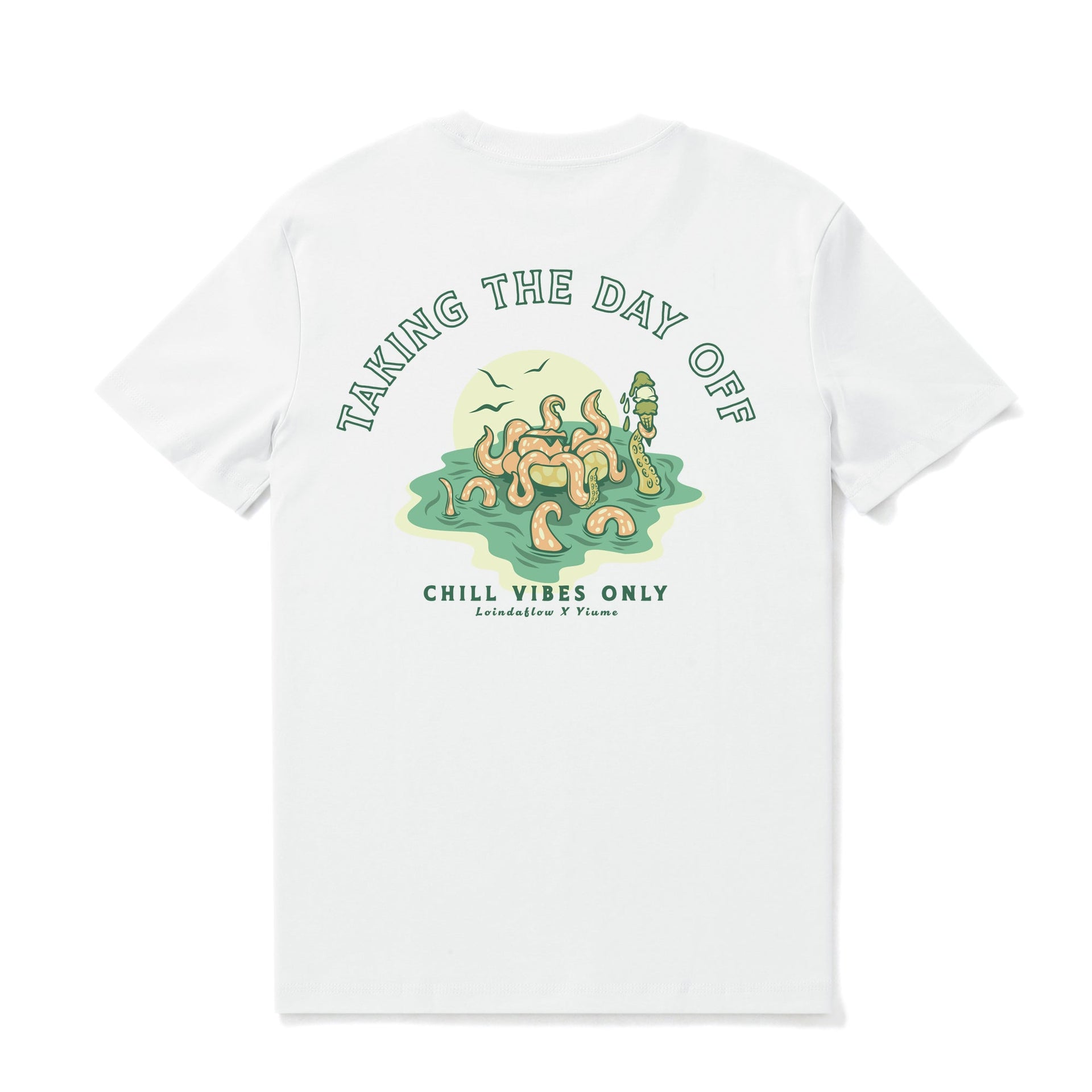 White crew neck t-shirt with 'Taking the day off' graphic by Loindaflow