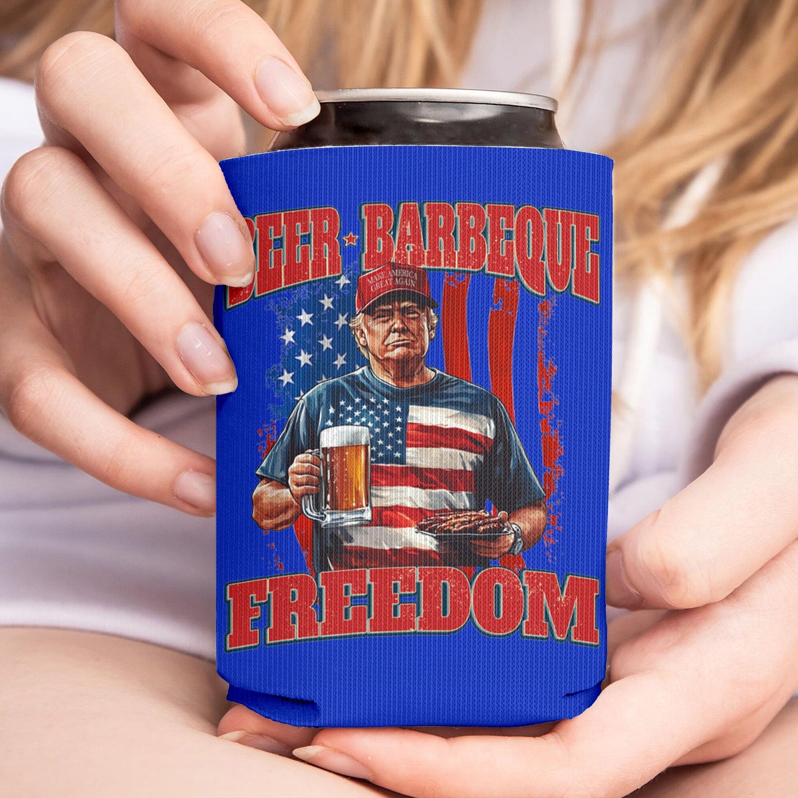 Beer BBQ Freedom Can Cooler | President Trump Can Holder | 4th Of July Can Sleeve For Drinks 682466 - GOP