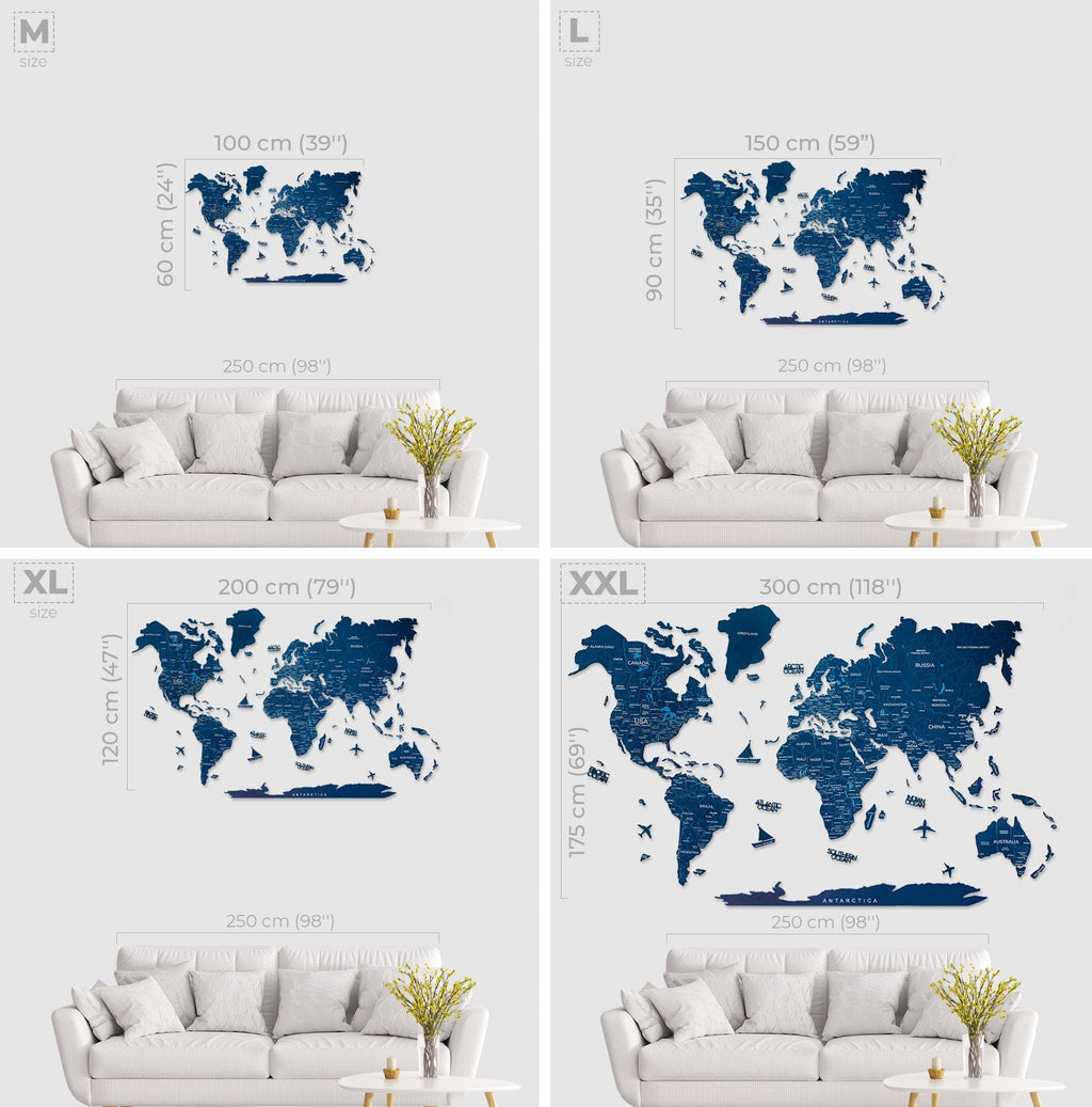 Wooden World Map Wall Art in Navy Blue - Handcrafted Decor