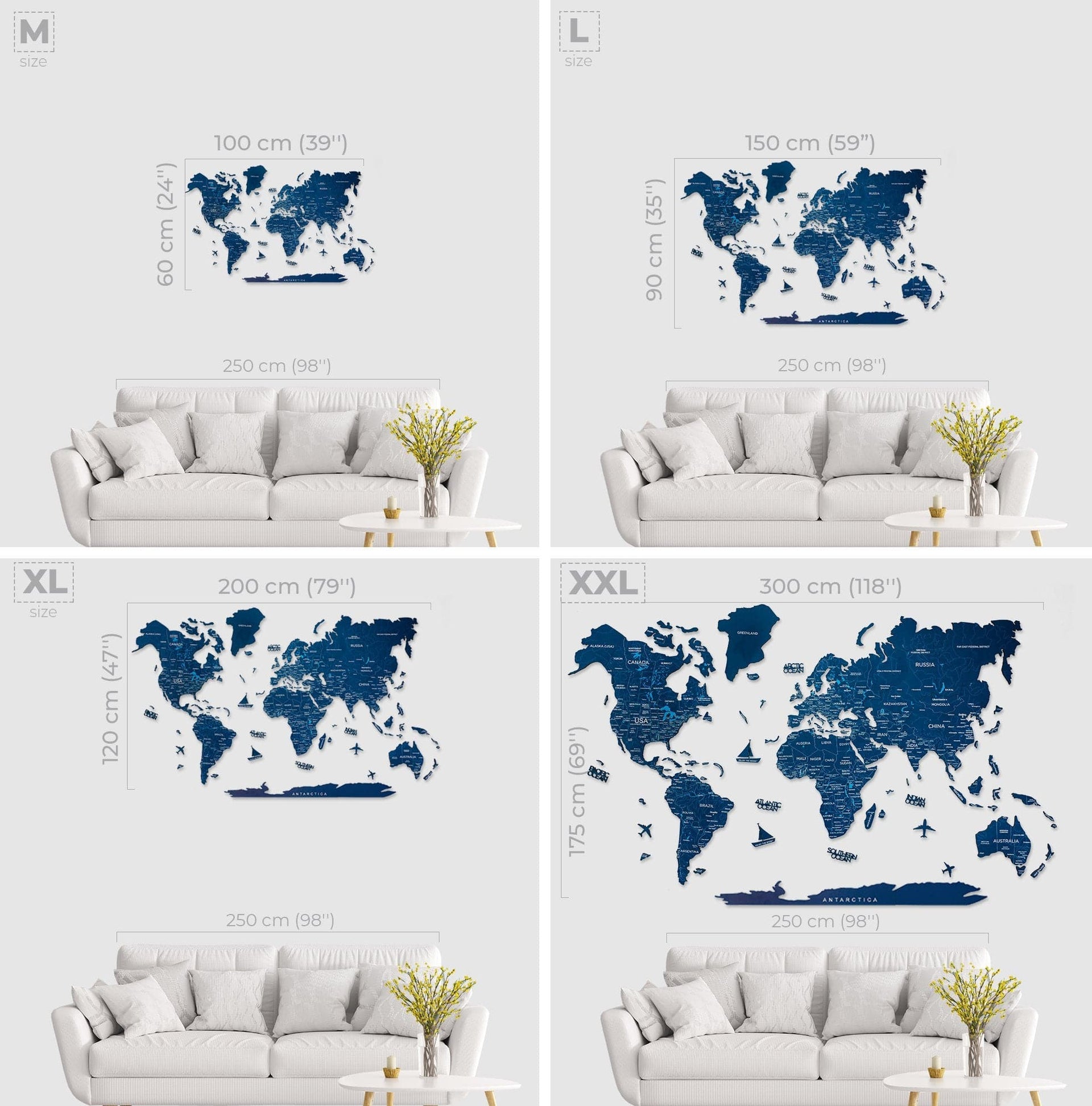 Wooden World Map Wall Art in Navy Blue - Handcrafted Decor