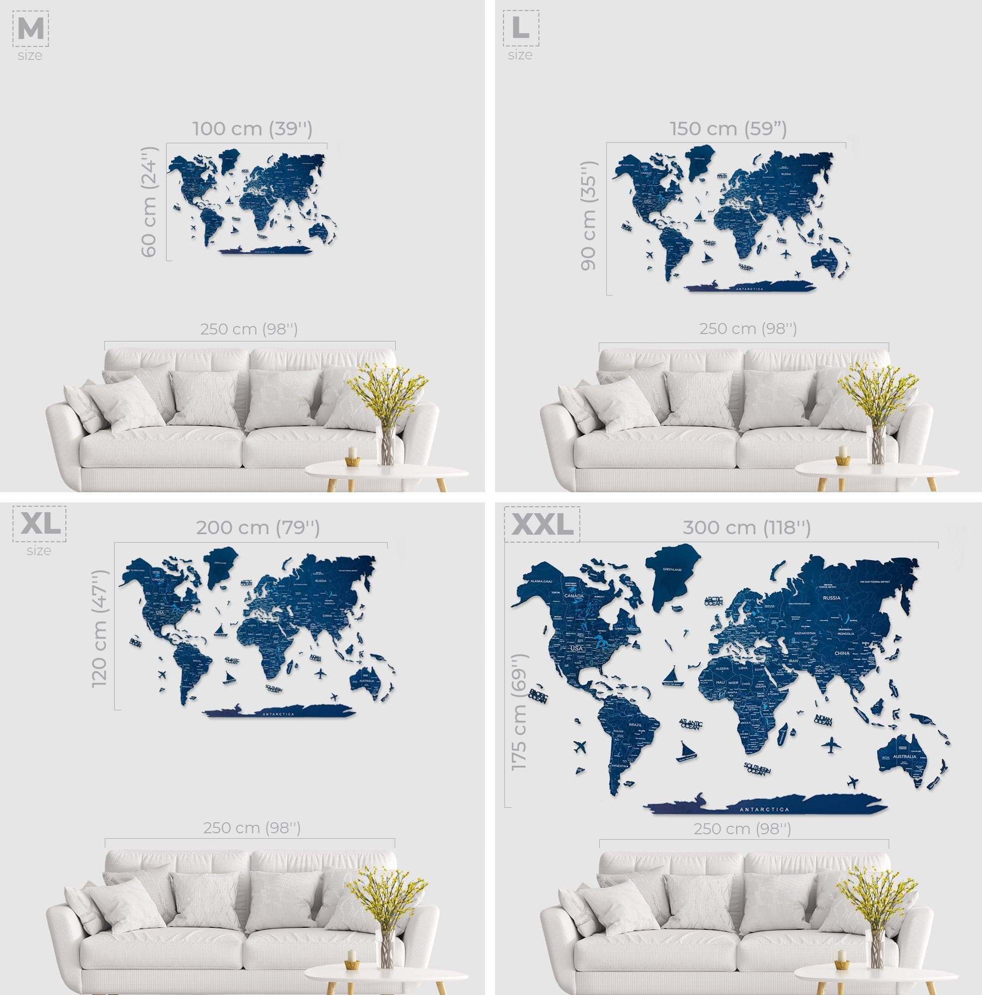 Wooden World Map Wall Art in Navy Blue - Handcrafted Decor