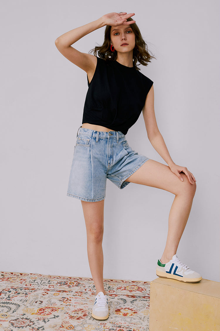 Light Blue Pleated Short Jeans for All