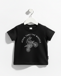 Kids wearing the Jesus Take the Wheels dirt bike graphic cotton tee.