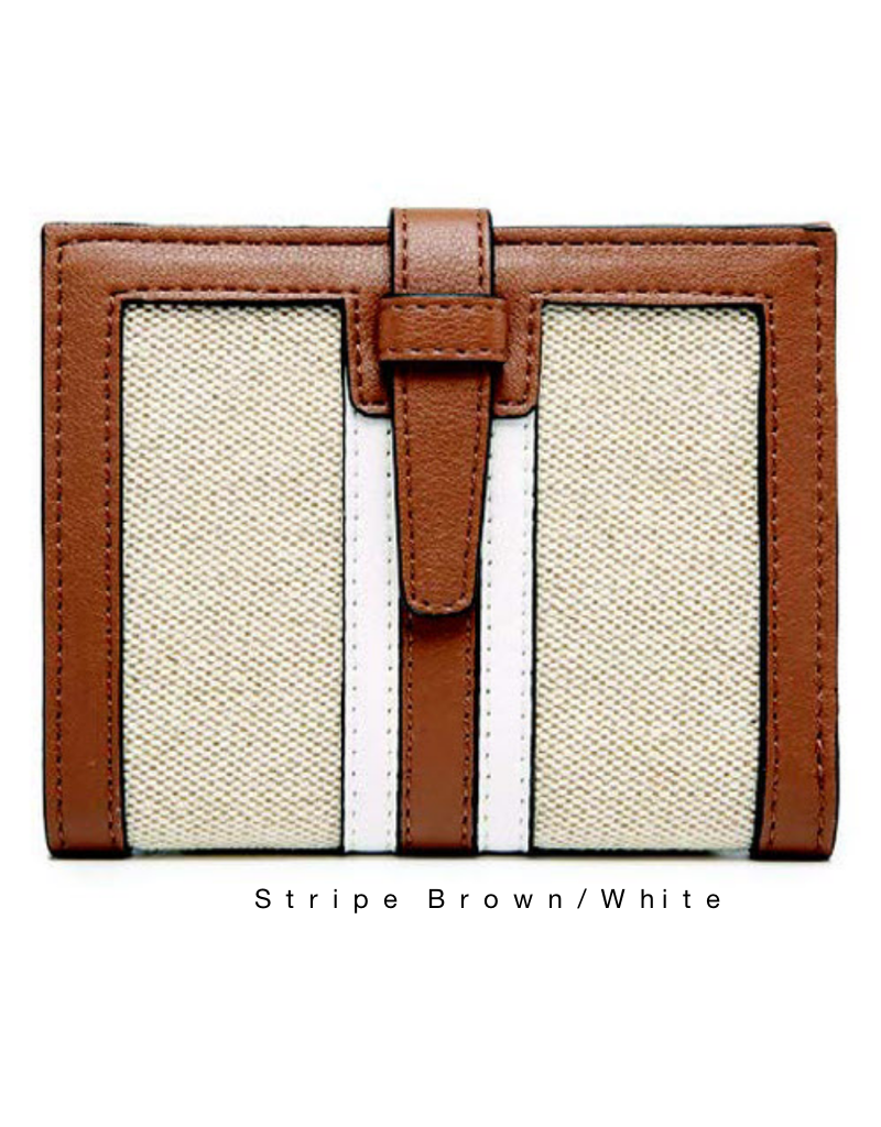 Leather wallet featuring geometric patterns in various color options like Stripe Brown and Diamond Beige.