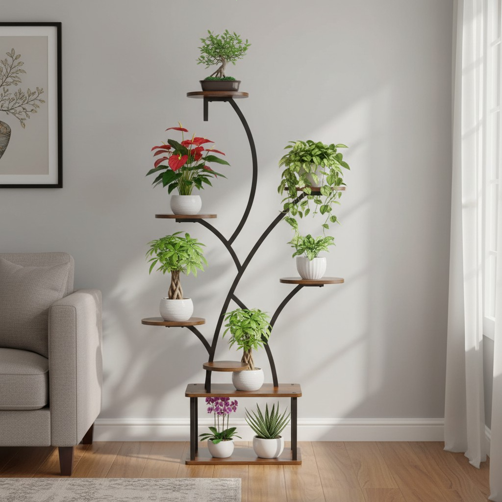 8-Tier Metal Corner Plant Stand - Modern Industrial Plant Shelf
