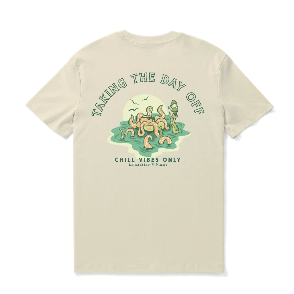 Beige crew neck cotton t-shirt with 'Taking the day off' graphic design