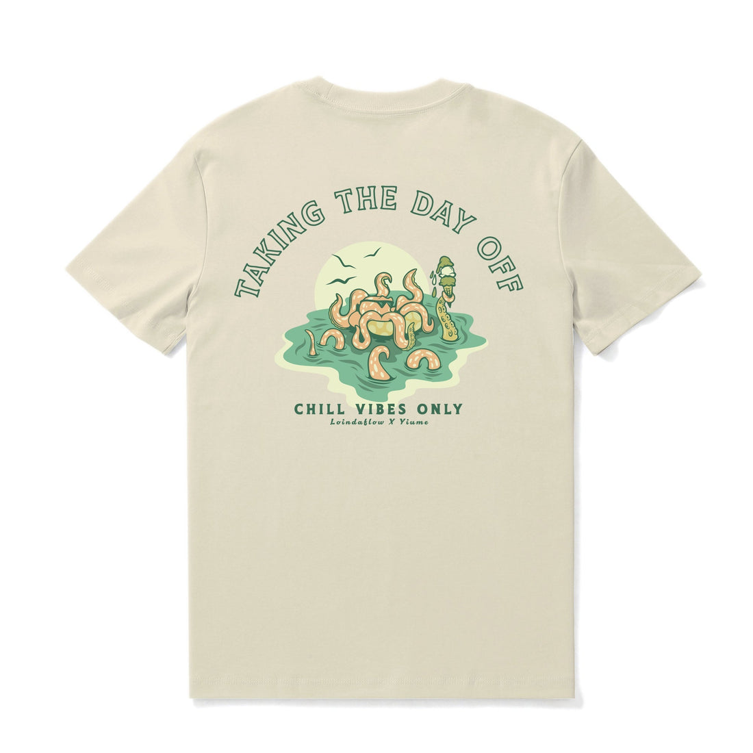 Beige crew neck cotton t-shirt with 'Taking the day off' graphic design