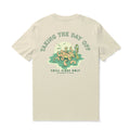 Beige crew neck cotton t-shirt with 'Taking the day off' graphic design