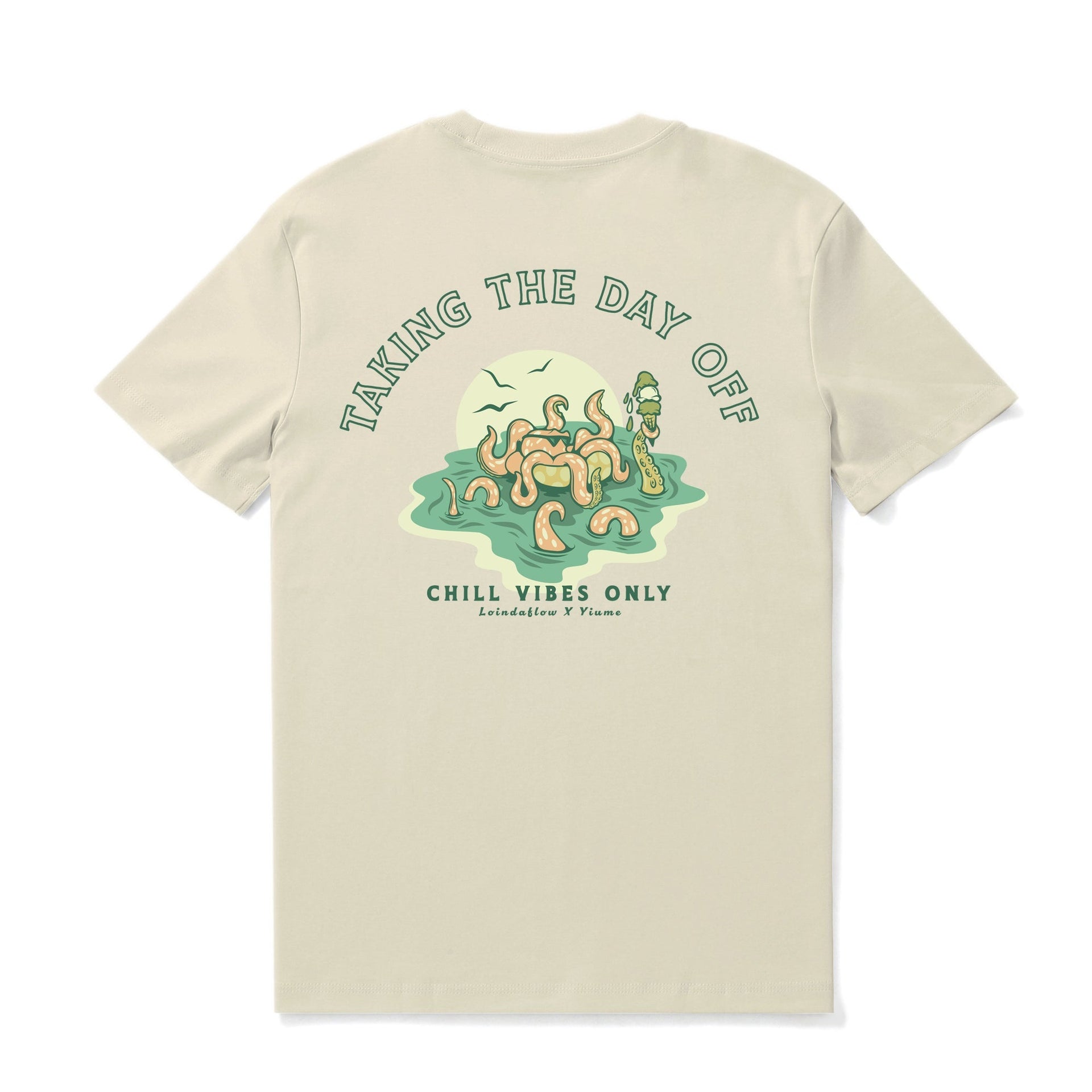 Beige crew neck cotton t-shirt with 'Taking the day off' graphic design