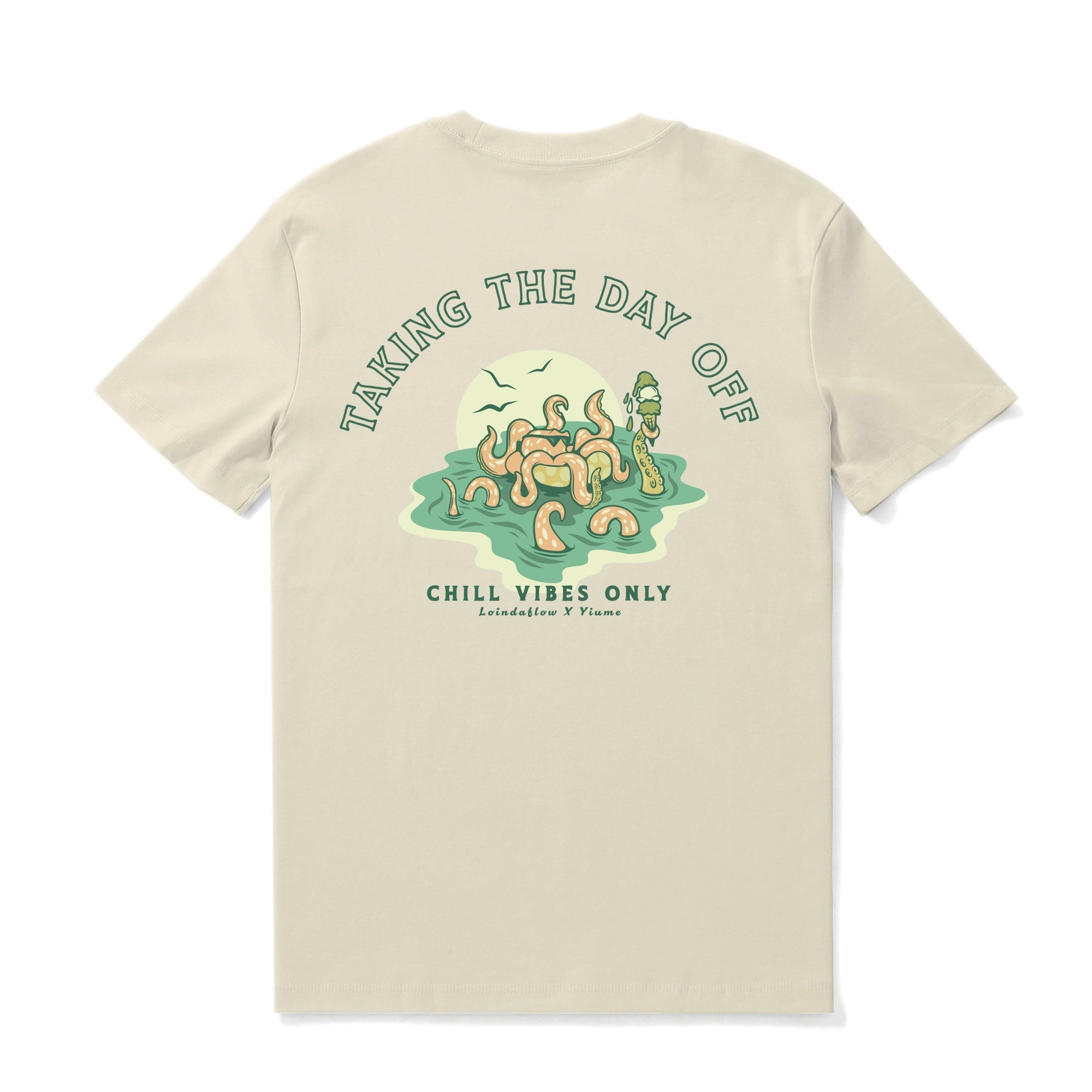 Beige crew neck cotton t-shirt with 'Taking the day off' graphic design