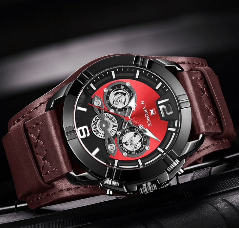 Men's Waterproof Chronograph Watch with Leather Strap & Dial Window