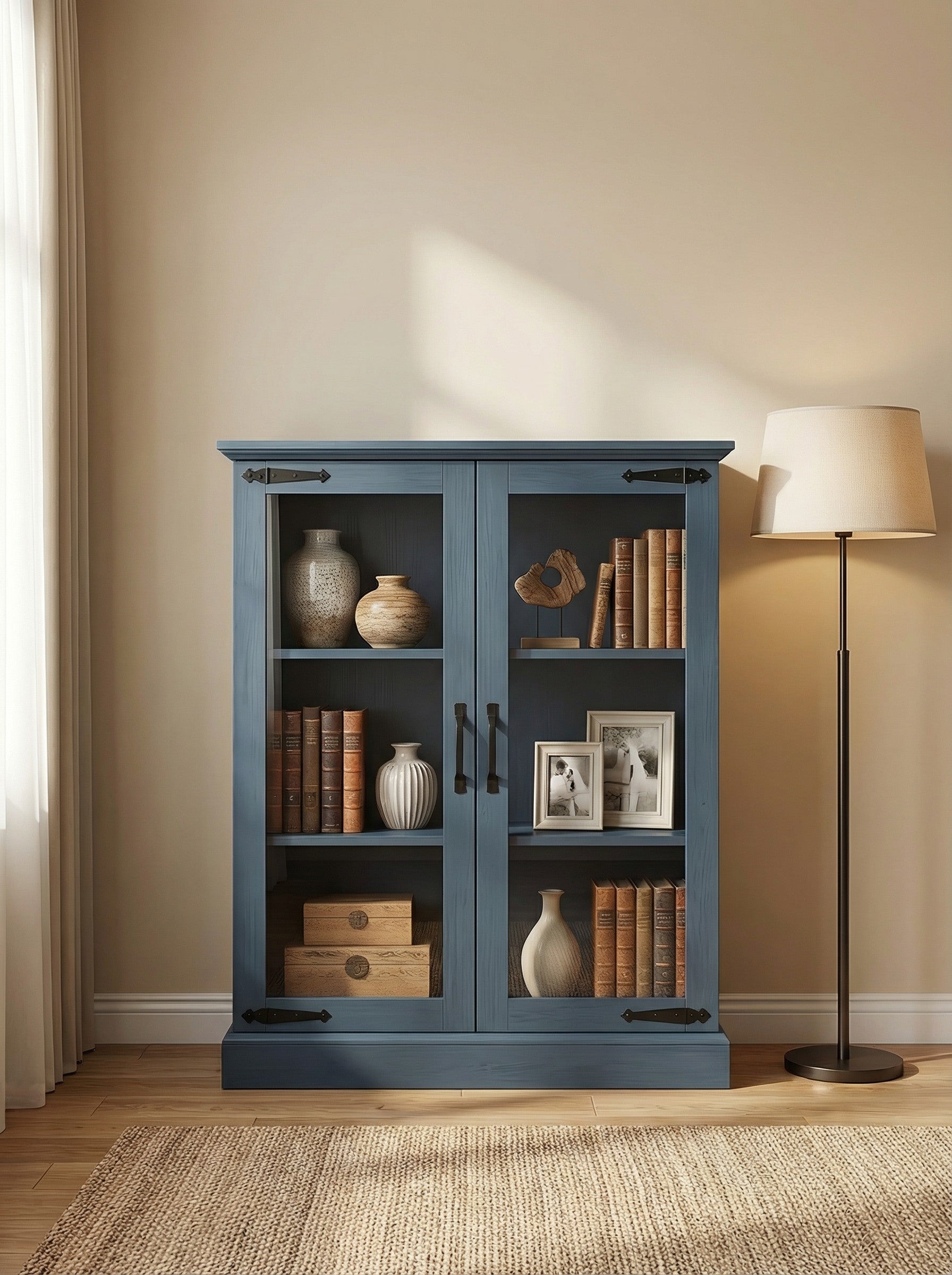Modern Glass Door Cabinet with Adjustable Shelves, Compact Storage