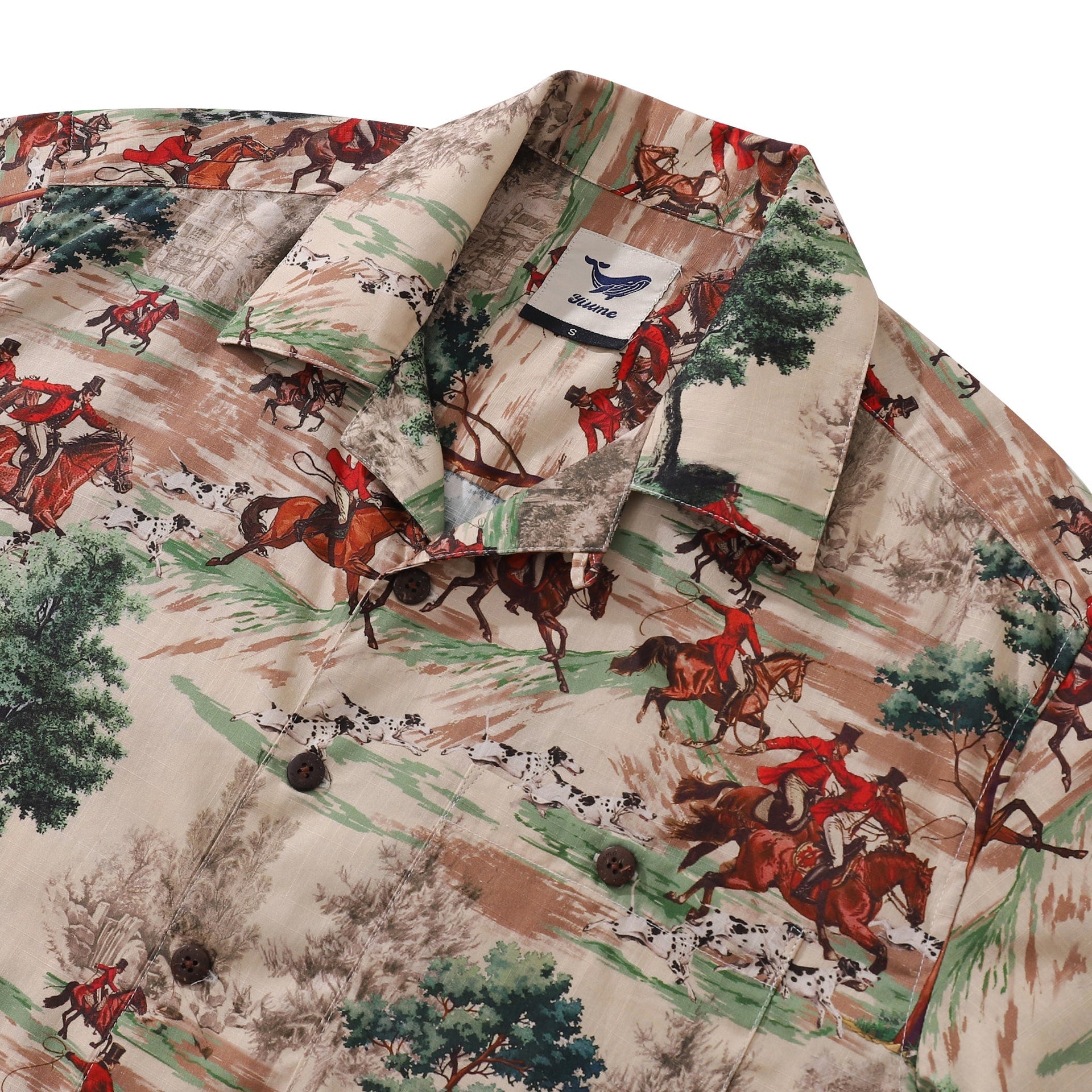 Men's Vintage Equestrian Print Shirt, Preppy Camp Collar Top