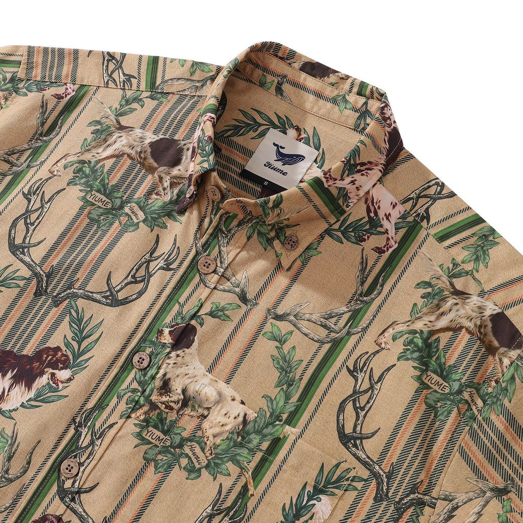 Vintage Outdoorsy Dog Print Hawaiian Shirt in Tan, Brown, Green