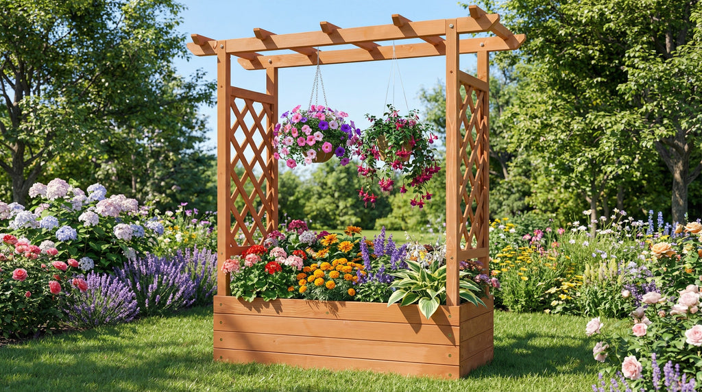 Raised Wooden Planter Box with Trellis for Climbing Plants Brown
