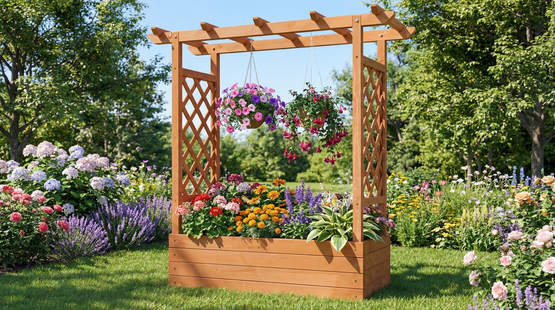 Raised Wooden Planter Box with Trellis for Climbing Plants Brown