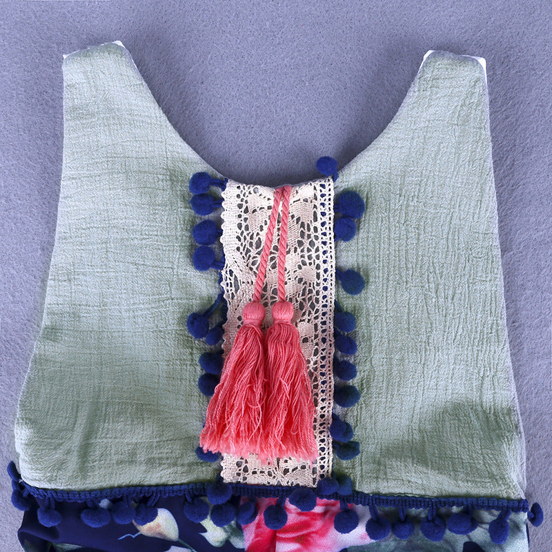 Floral Tassels Sleeveless Backless Baby Girl Romper Jumpsuit