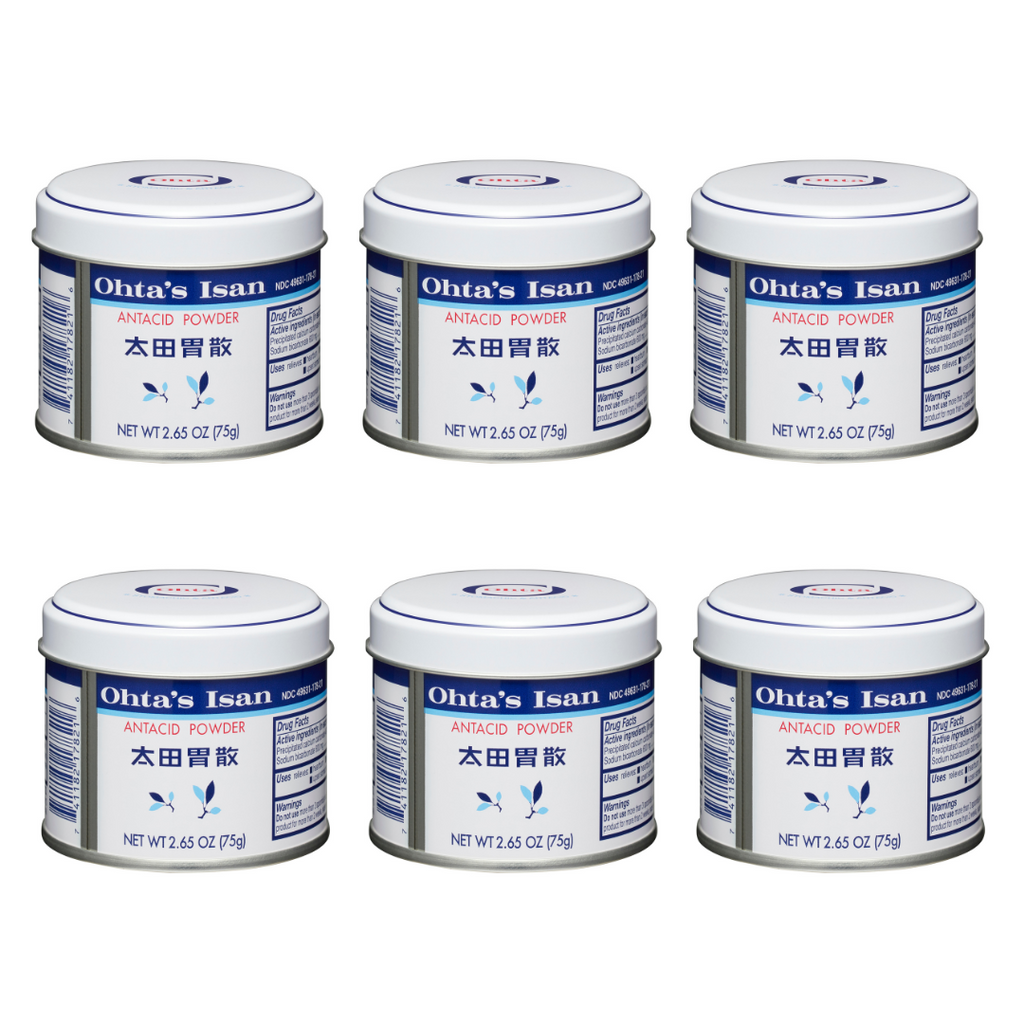 6-can pack of Ohta's Isan Antacid Herbal Powder in white and blue
