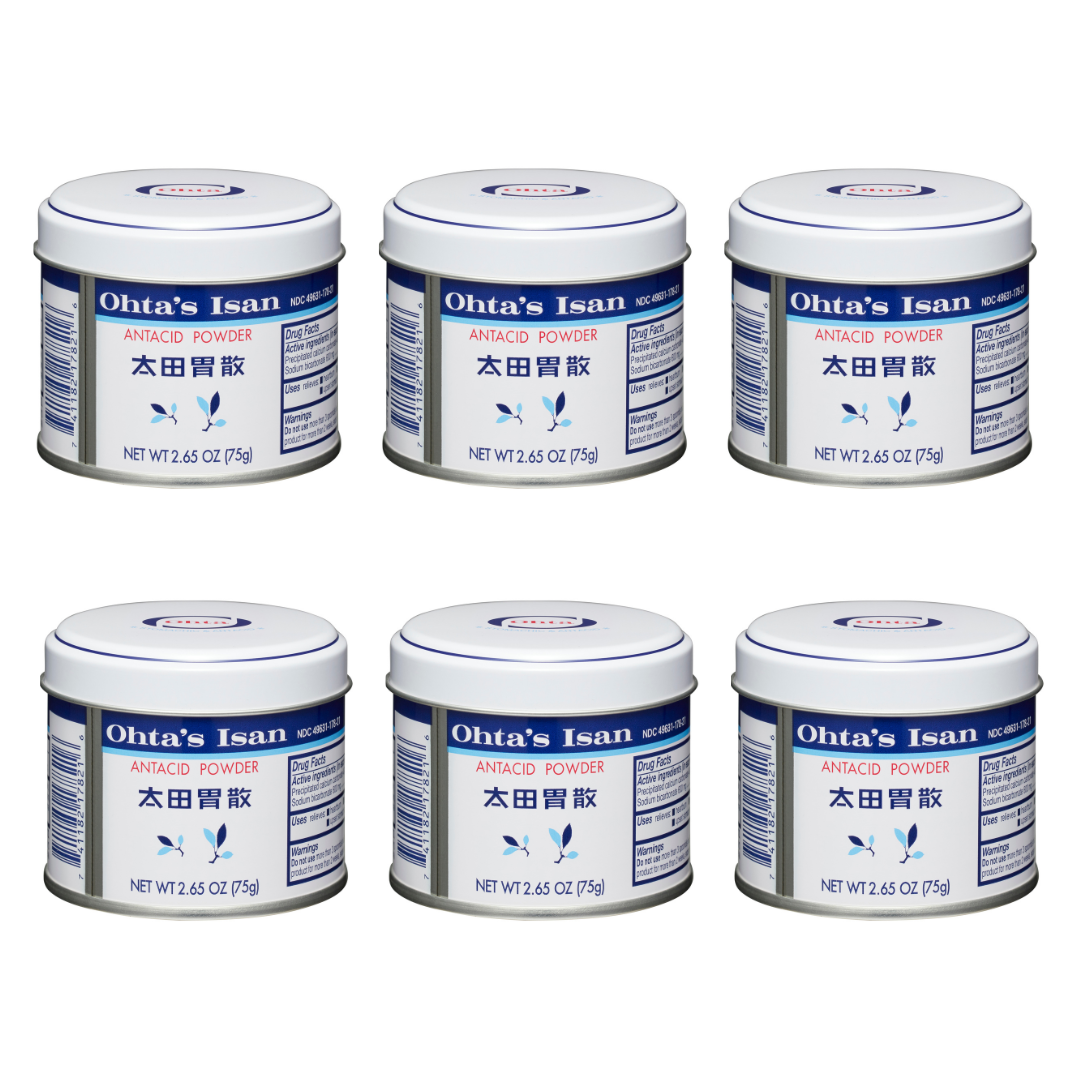6-can pack of Ohta's Isan Antacid Herbal Powder in white and blue