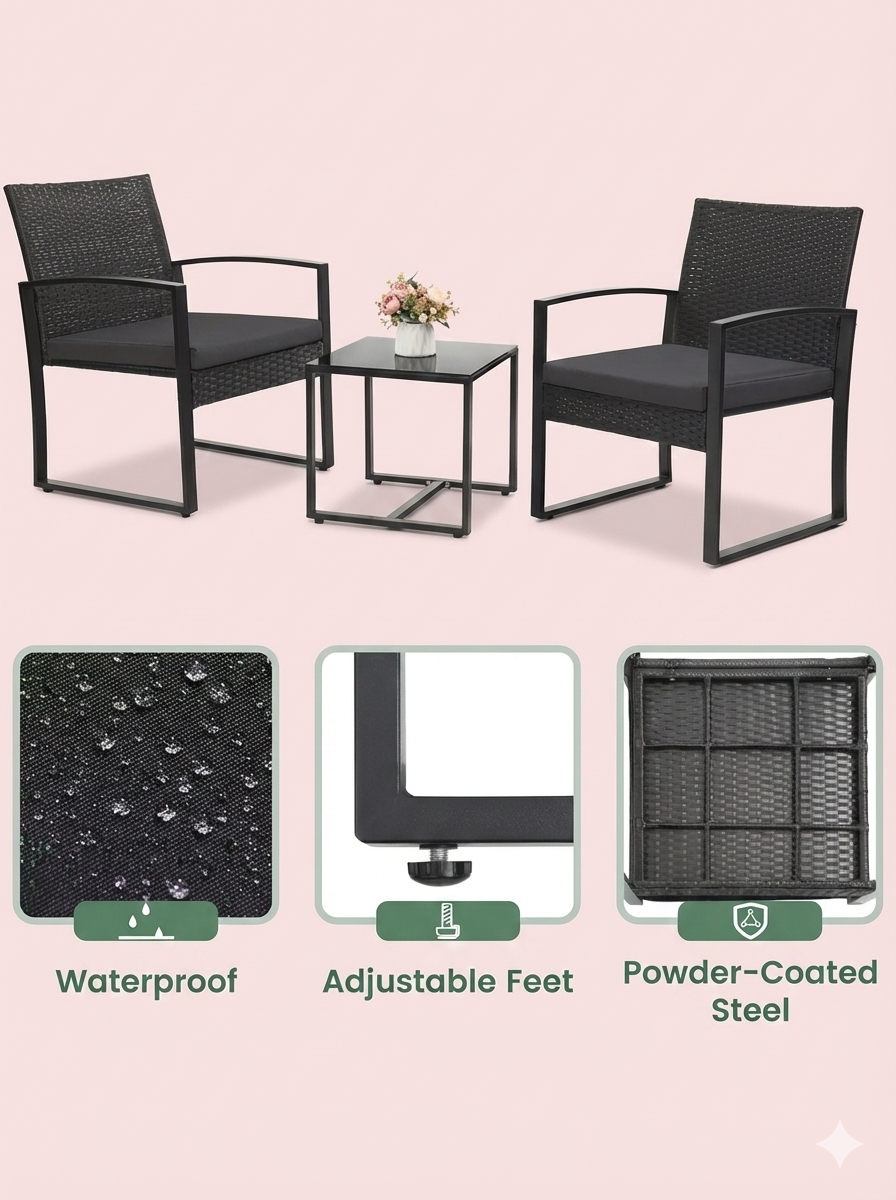 3-Piece Modern Wicker Patio Bistro Set with Beige Cushions