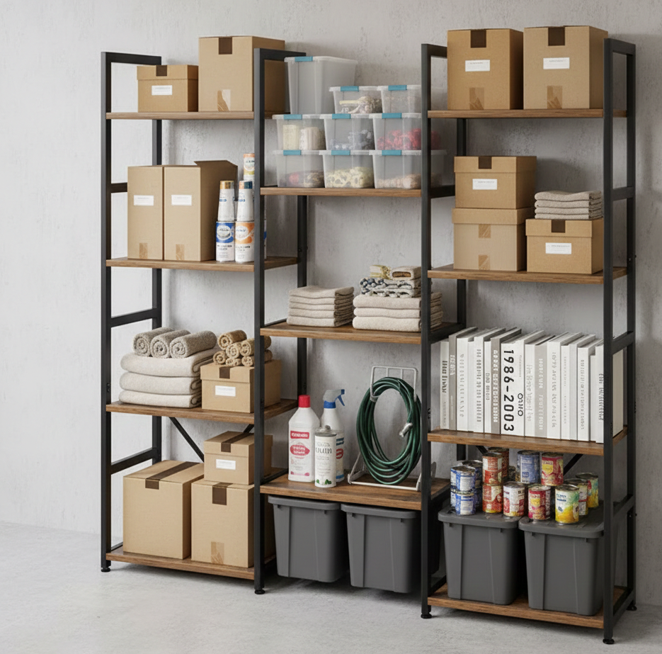 Industrial metal bookshelf with a minimalist frame holding books and decor in a living room