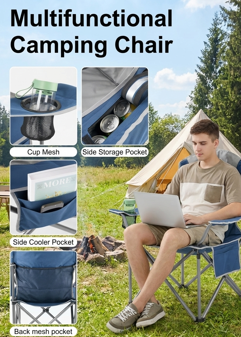 500 lbs Heavy Duty Folding Camping Chair with Cooler Bag