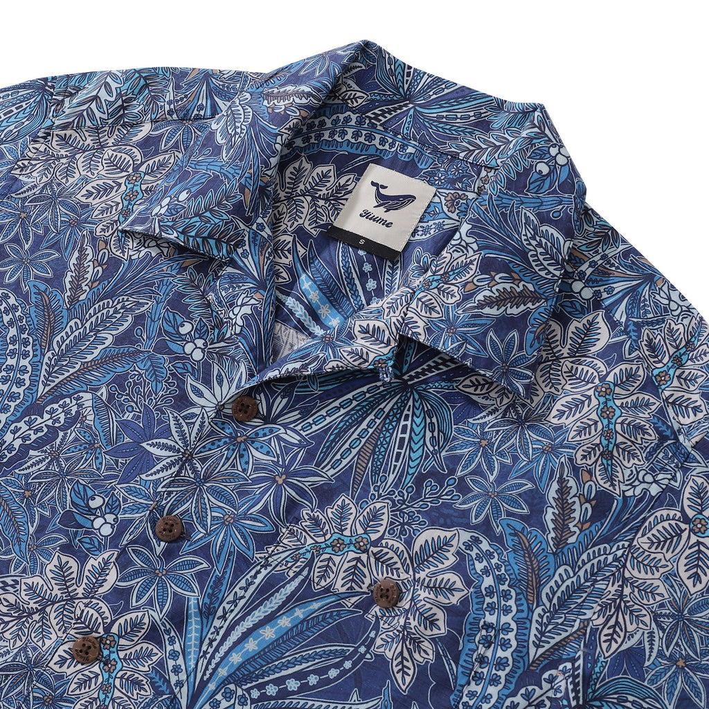 Men's Tropical Blues Botanical Print Cotton Camp Collar Shirt