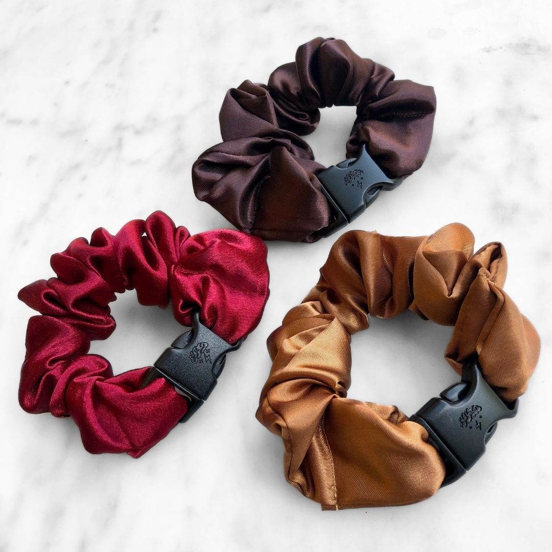 3-Pack Satin Autumn Hair Scrunchies - Gingerbread, Red, Chocolate