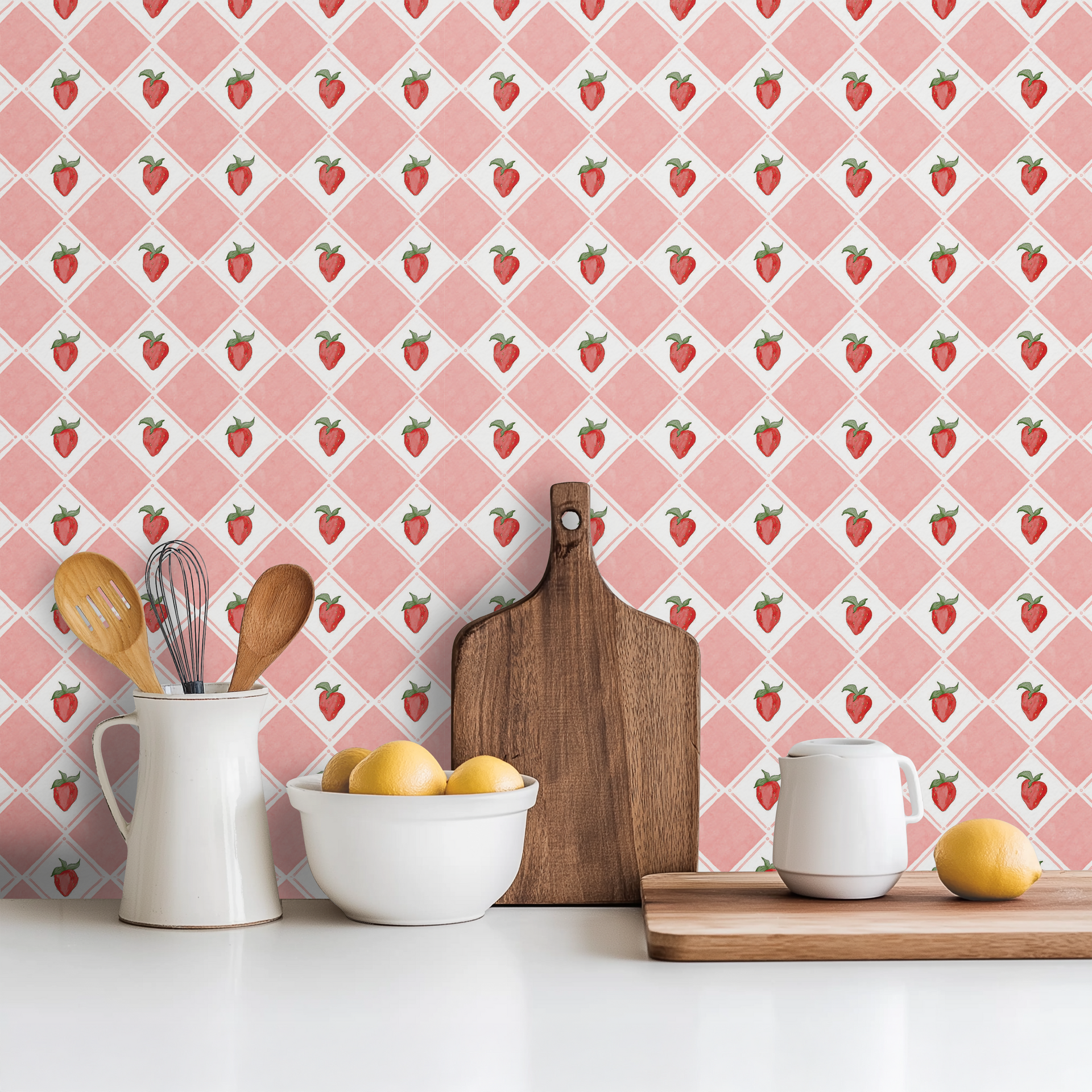 Fresa Geometric Wallpaper in Pink, White, Red and Green