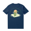 Navy blue crew neck t-shirt with a backyard beach party graphic