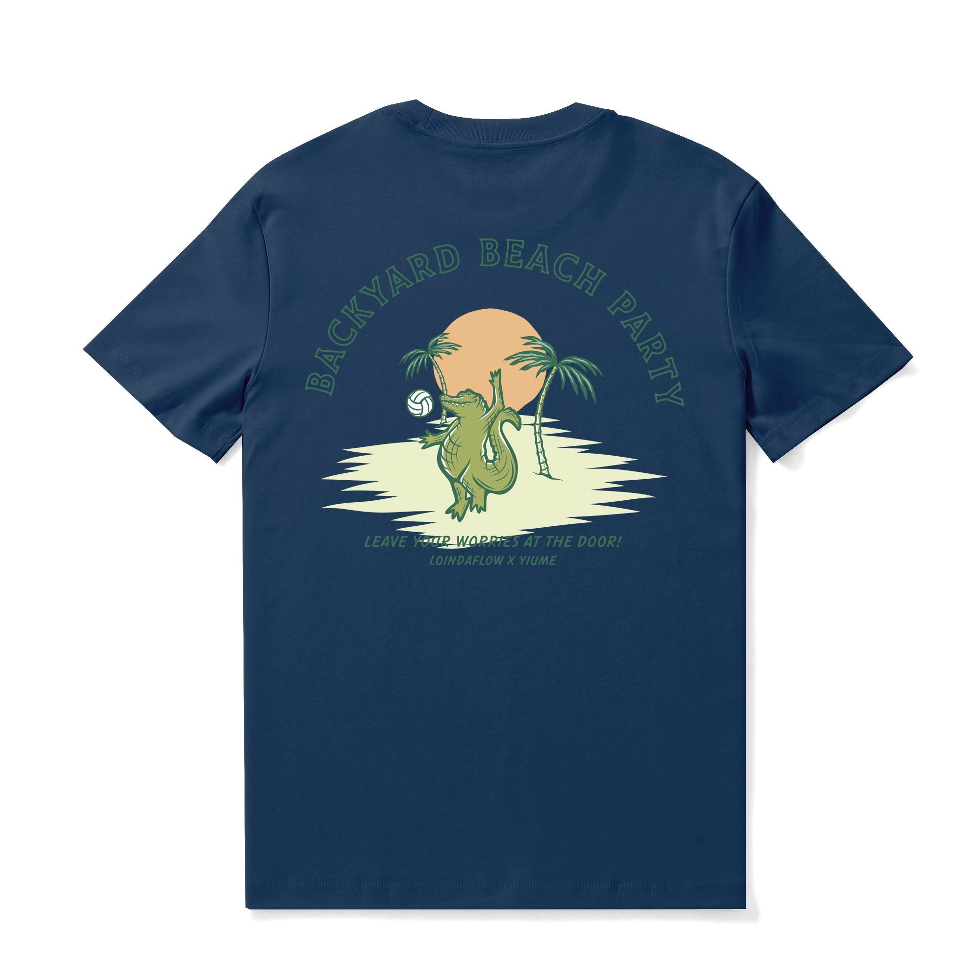 Navy blue crew neck t-shirt with a backyard beach party graphic