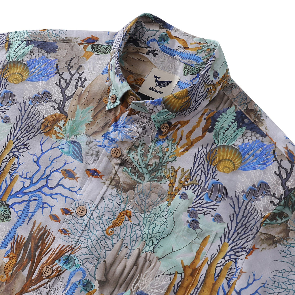 Gray Marine Life Print Short Sleeve Cotton Button-Down Shirt
