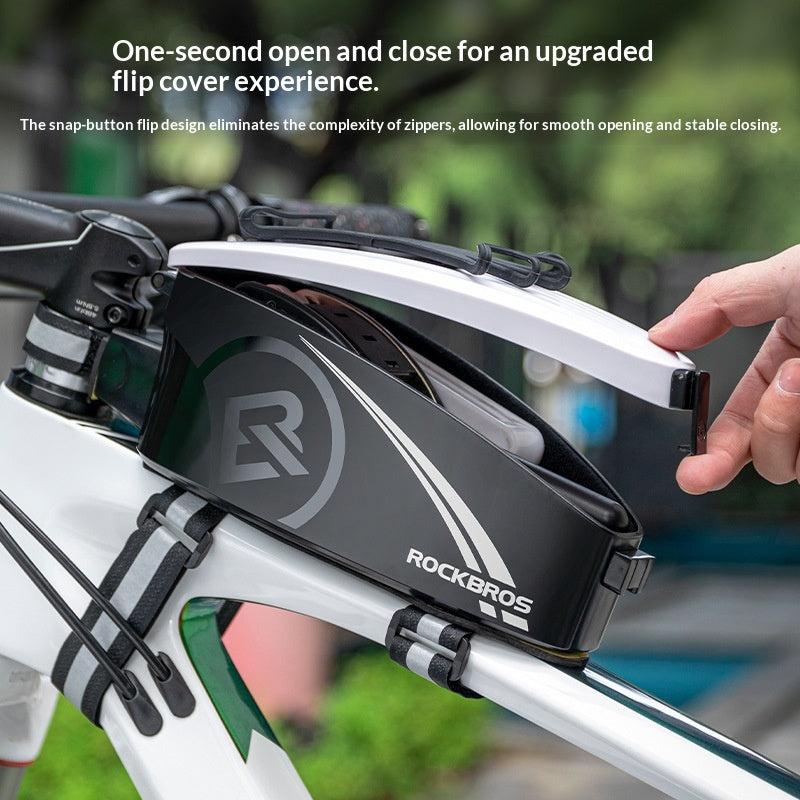 Black and green rainproof bike front frame bag with flip cover for smartphones